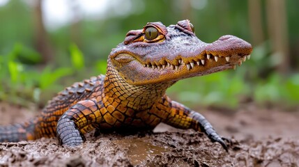 Obraz premium Baby crocodile in muddy jungle, wildlife closeup. Nature documentary use
