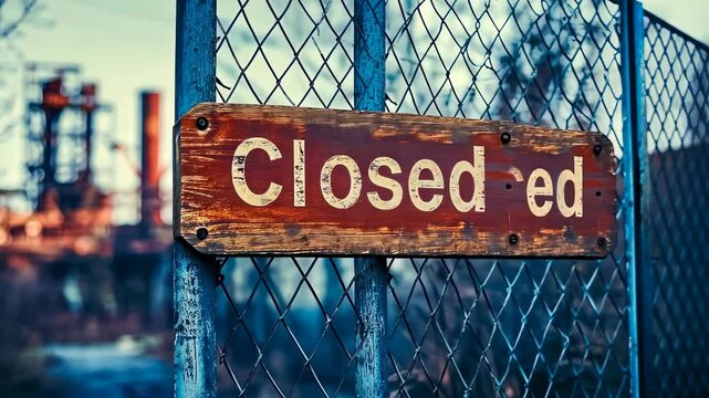 Closed sign rustic fence dusk.Weathered closure board industrial site.Evening falls abandoned factory area.solitary economic downturn.Decline symbol old manufacturing unit.Desolate setting sends