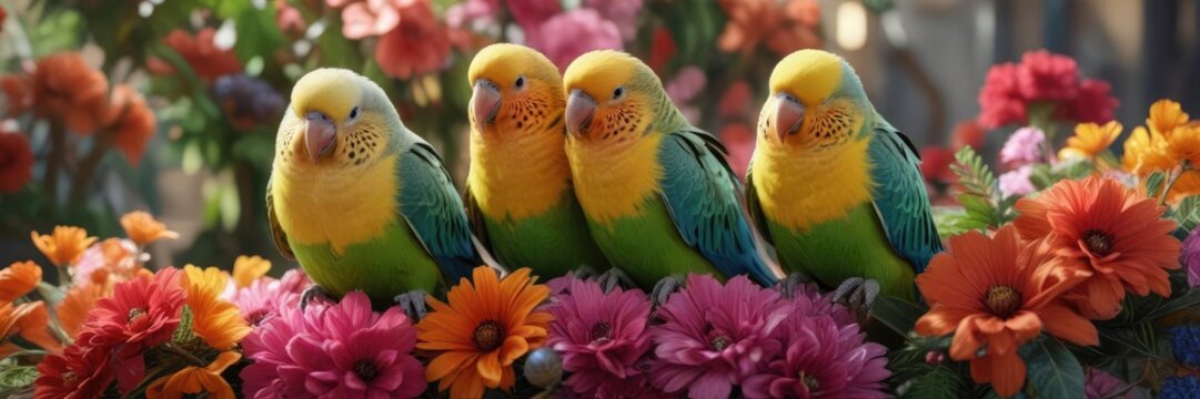 a group of brightly colored parakeets snuggled up against each other on a vibrant floral arrangement, radiant feathers, flower-draped branch