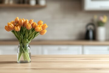Vibrant orange tulips in a glass vase on a wooden kitchen table