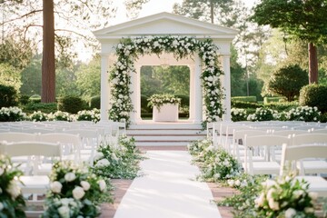 A grand outdoor wedding altar, surrounded by towering trees, lush greenery, and cascading floral arrangements