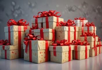 A group of Christmas gift boxes stacked on top of each other with a red bow on top, christmas presents, decoration