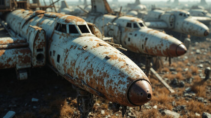 Rusty abandoned airplanes in a scrapyard under sunlight