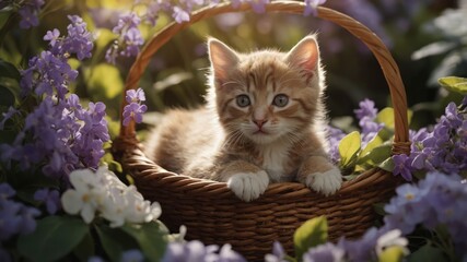 A playful kitten resting in a woven basket surrounded by vibrant purple flowers.