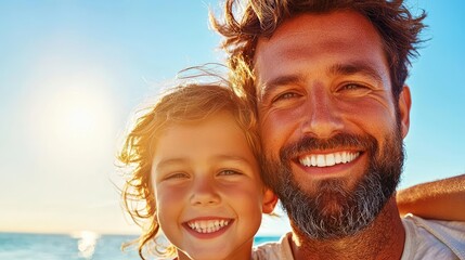 Happy father and son at the beach, sunset background. Family portrait for Father's Day cards