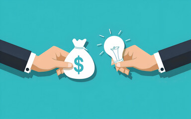  Investing in Ideas. Two hands exchanging a money bag for a light bulb, representing the transaction of investing in innovation.