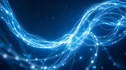 Cosmic AI Concept Binary Code and Flowing Light Patterns in Motion on blue background