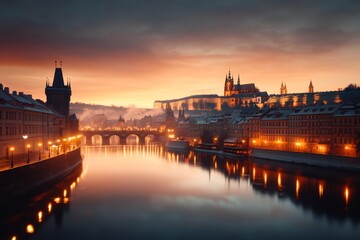 Fototapeta premium A panoramic view of the Vltava River winding through Prague at sunset, with the Charles Bridge and Prague Castle illuminated in the distance