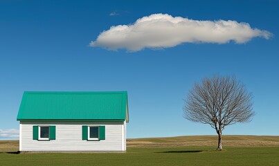 Obraz premium Small white house with green roof, bare tree, and single cloud on sunny day