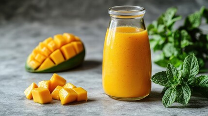 Refreshing Mango Smoothie with Mint Garnish in Glass Bottle