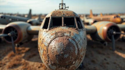 Rusty abandoned airplane in a desert graveyard