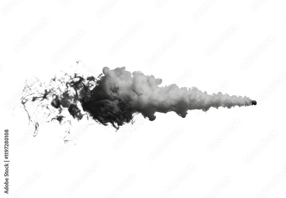 Poster a puff of grey smoke against a white backdrop, in an empty studio filled with fog. the scene feature