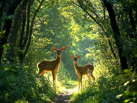 Fototapeta A serene forest scene featuring two deer standing on a sunlit path, framed by dense, arching trees and lush greenery.