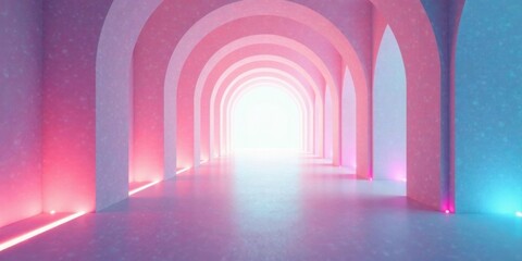 Obraz premium Arched Pathway Illuminated with Soft Pink and Blue Neon Lights Leading to a Bright Future
