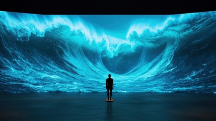Surreal Scene of Man Standing Before Giant Digital Ocean Wave