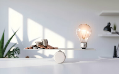 Balancing Money and Bright Ideas. Conceptual image of a seesaw balancing coins and a glowing light bulb, symbolizing the balance between finances and innovation in a modern workspace.