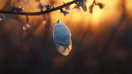 Photograph of a butterfly emerging from its cocoon on a delicate branch at sunrise, symbolizing transformation and new beginnings