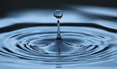Water droplet splashing into calm water, creating ripples, close-up, ideal for backgrounds
