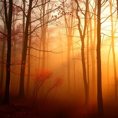 Misty forest sunrise, golden light illuminating trees.