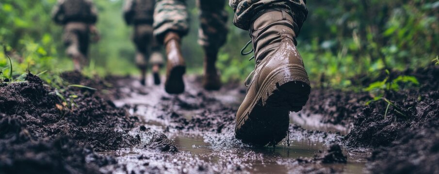 Muddy Boots, Military Training, Forest Path