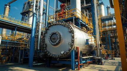 Industrial boiler surrounded by multiple operational systems in a petrochemical facility, demonstrating complex engineering and production processes.