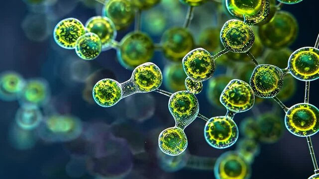 Close-up view of vibrant green microalgae cells in detail.