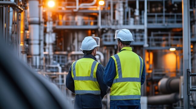 Engineers in safety gear conduct inspections of the industrial boiler and surrounding systems, ensuring compliance at a petrochemical facility.
