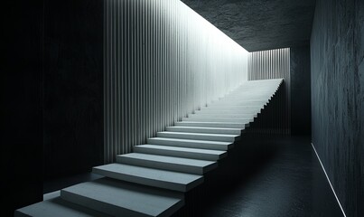 Fototapeta premium White staircase in dark concrete hallway with light beam from ceiling opening, modern interior design