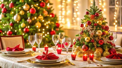 A festive holiday table setting with a Christmas tree centerpiece and decorations, evergreen branches, matching china