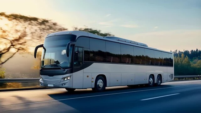 tourist bus driving on highway over sunset background. Travel and transportation concept