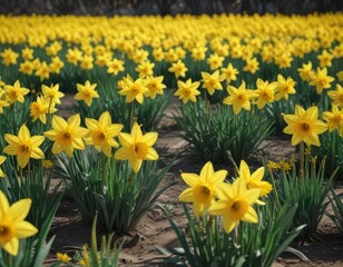 Fototapeta premium A field of bright yellow daffodils swaying gently in the breeze, green grass, yellow flowers,