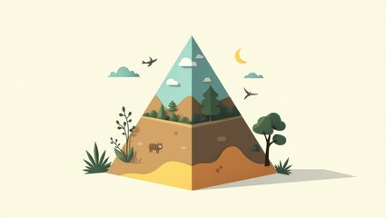 Abstract colorful pyramid with natural layers and trees, geometric shape symbolizing environment concept, perfect for eco presentations, nature projects, clean background, minimalistic style design