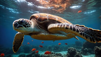 Fototapeta premium A sea turtle swims gracefully through clear blue waters, surrounded by colorful fish and coral.