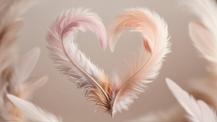 pink heart with feathers, pink heart on white, heart shaped feathers, space for text