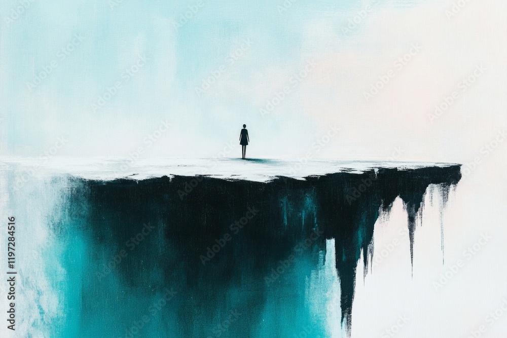 Poster A pixel art depiction of a small figure standing on a crumbling platform, with pixelated cracks and light shining from below symbolizing fragility