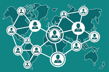 Global network, interconnected people icons, world map background, teal color scheme, hexagonal pattern, diverse avatars, social connectivity visualization, business networking concept, digital commun