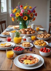 A large breakfast table with a vase of flowers in the middle and an assortment of breakfast dishes on either side, food, pancakes