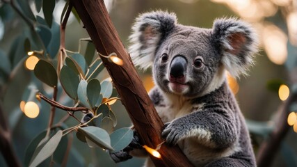 Fototapeta premium A koala perched on a tree branch surrounded by soft lights.