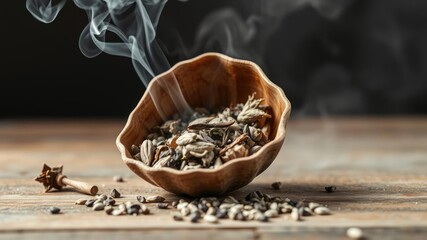 * Decorative sage shell filled with fragrant herbs and smoke rises from it, natural, apothecary, aromatic