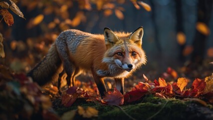 Fototapeta premium A fox stands amidst autumn leaves in a serene forest setting.