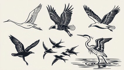 Elegant Black and White Bird Illustrations Crane Eagle Heron Seagull and Swallows