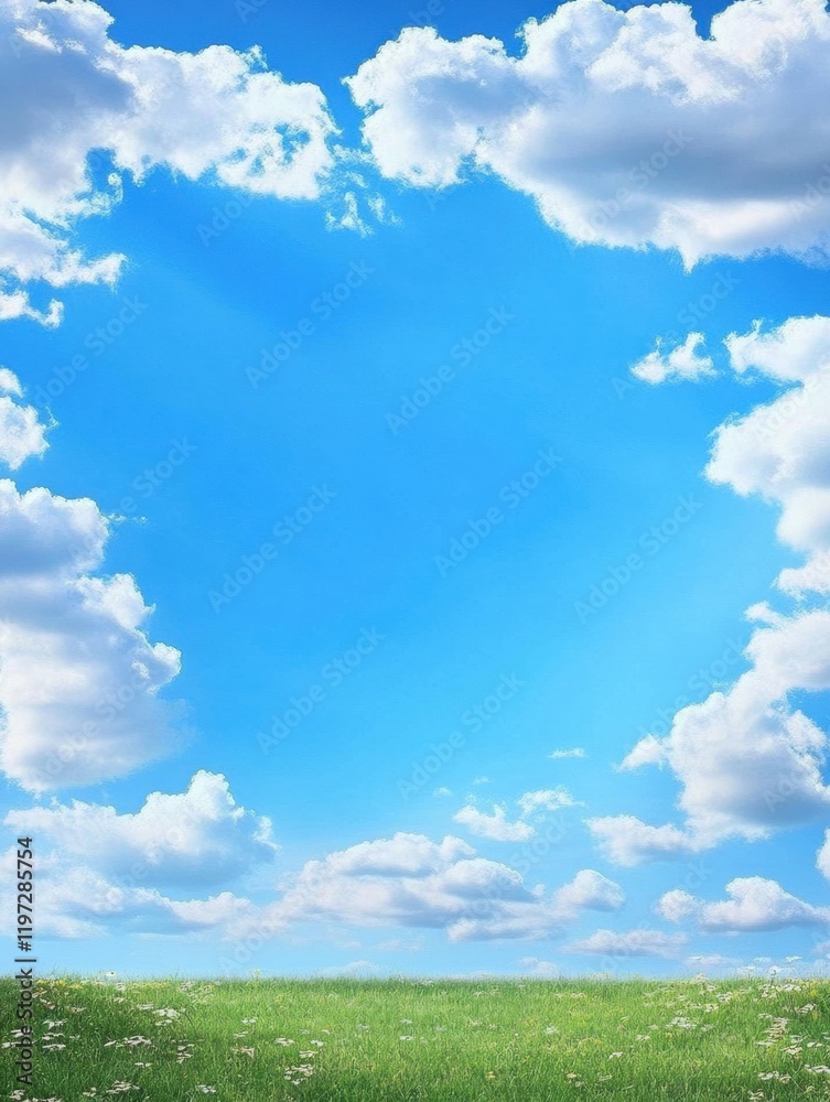 Fototapete Clear sky with fluffy clouds above a green meadow creates space for creative text and design elements. Generative AI