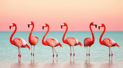 Obraz premium Flamingos wading in shallow waters coastal ecosystem animal photography vibrant sunset wildlife environment
