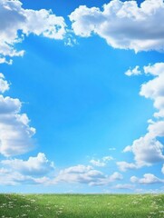 Clear sky with fluffy clouds above a green meadow creates space for creative text and design elements. Generative AI