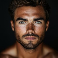 Fototapeta premium Intense Gaze of a Man with Green Eyes Sun Kissed Skin and Short Brown Hair