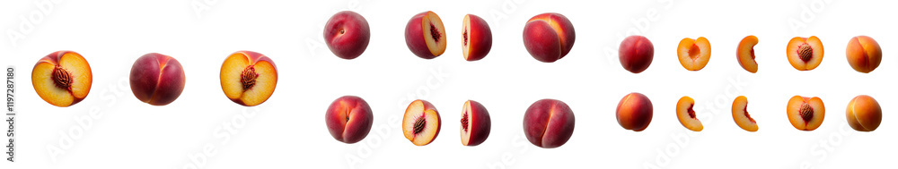 Poster peaches separated individually. sliced peaches on a transparent backdrop