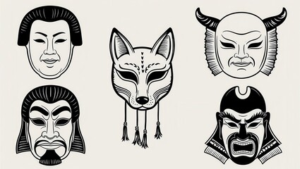 Collection of Traditional Japanese Masks Oni Kitsune and Sumo Designs Black and White Illustrations