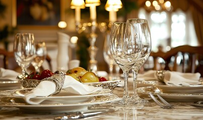 Elegant dining table setting with fruit centerpiece, wine glasses, and soft lighting in a luxurious dining room
