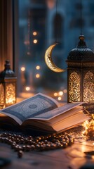 A serene scene featuring an open book, lanterns, and a crescent moon, evoking tranquility.