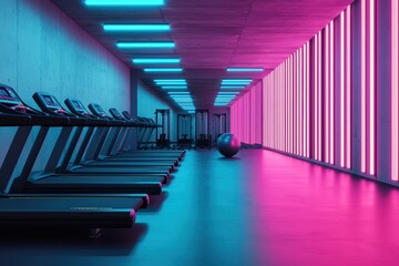 Modern Gym Interior with Neon Lights and Fitness Equipment
